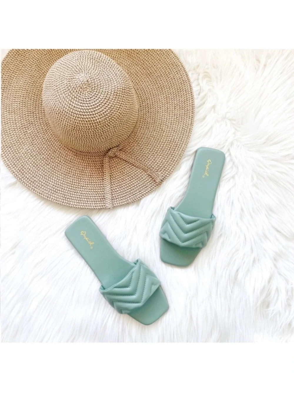 Sage green slip on sandals slides single band square toe
